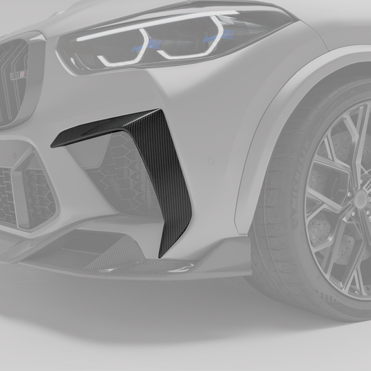 X5M F95 carbon bumper canards rendering, angled detail