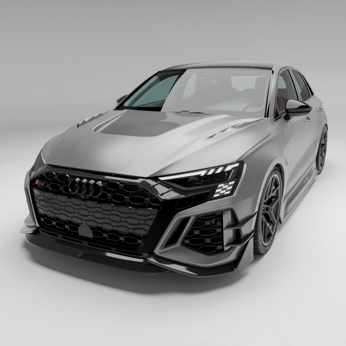 Audi RS3 8Y Sportback carbon fiber front lip, installed bumper view