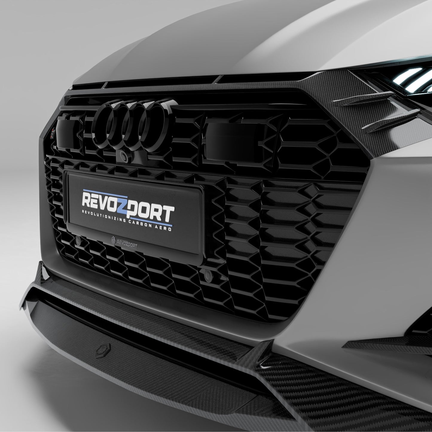 Carbon fiber front grille for Audi RS6 C8, three-quarter view