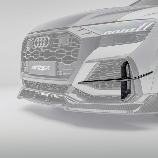 Carbon fiber canards installed on Audi RSQ8 4M Pre-LCI front bumper, angled view