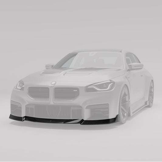 BMW M2 G87 carbon front lip, alternate angle on the bumper edge