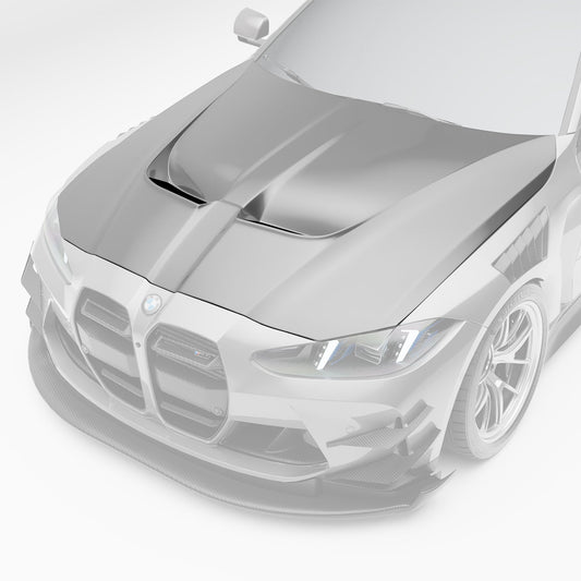 BMW M4 G82 carbon fiber aero hood three-quarter angle showing vents
