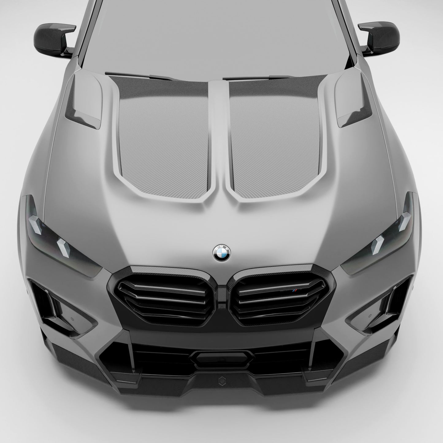 BMW X5M F95 LCI carbon fiber hood installed front end view