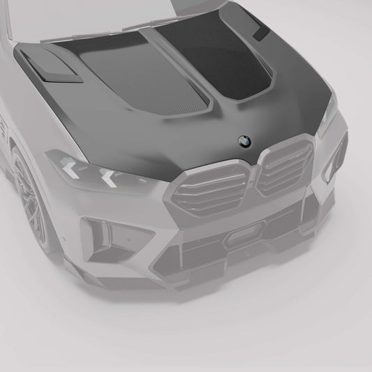 Carbon fiber hood fitted to a BMW X6M F96 LCI, front angle