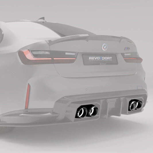 BMW M3 G80 polished silver tailpipe tips, alternate angle
