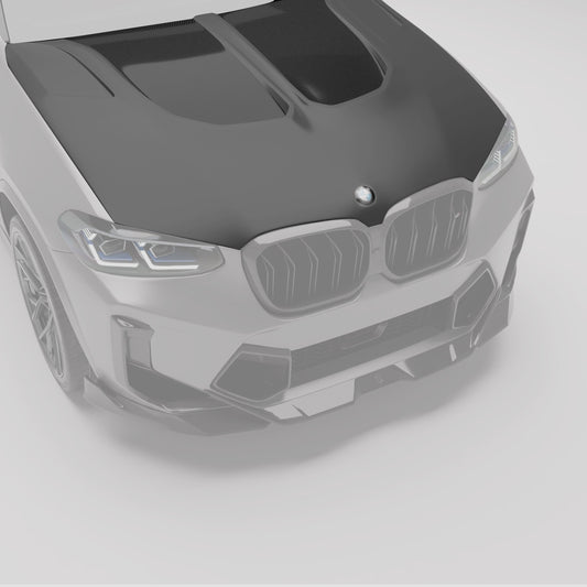 BMW X3M F97 LCI carbon hood highlighted on the front of the car