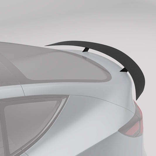 Carbon fiber rear spoiler shown at an angle on Model Y