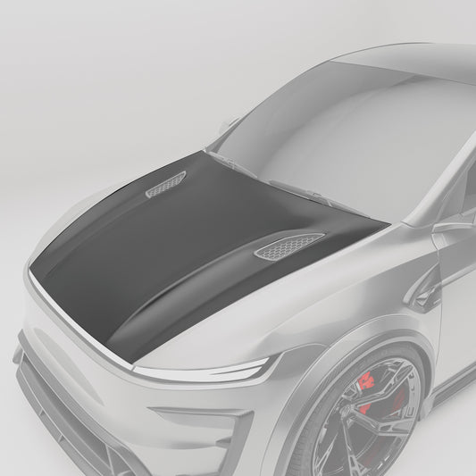 Carbon fiber hood front-angle view on Model Y facelift