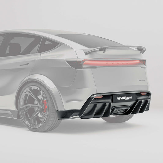 Tesla Model Y Juniper carbon fiber rear diffuser, rear angle on vehicle