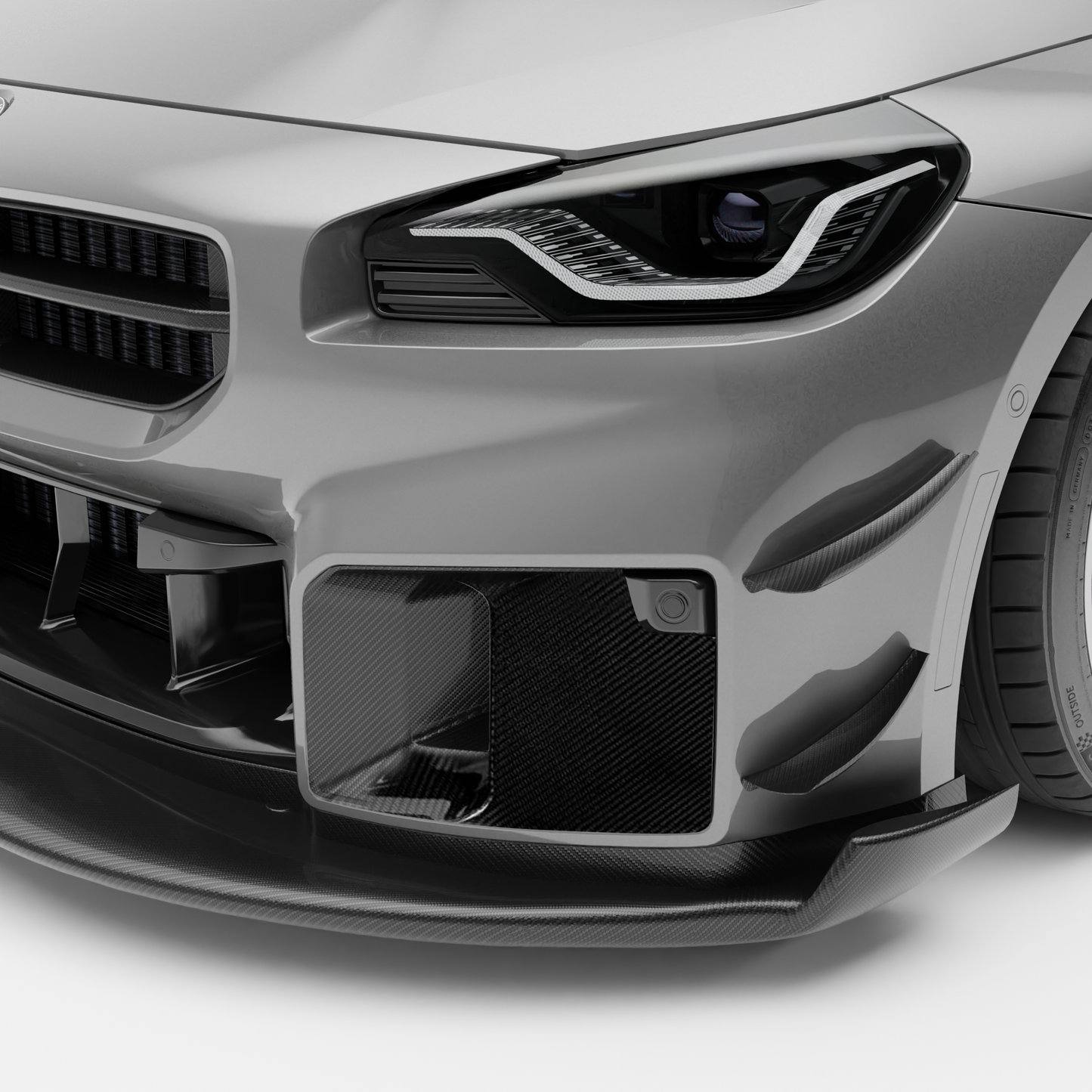 BMW M2 G87 carbon fiber front bumper block-off plates, front studio view