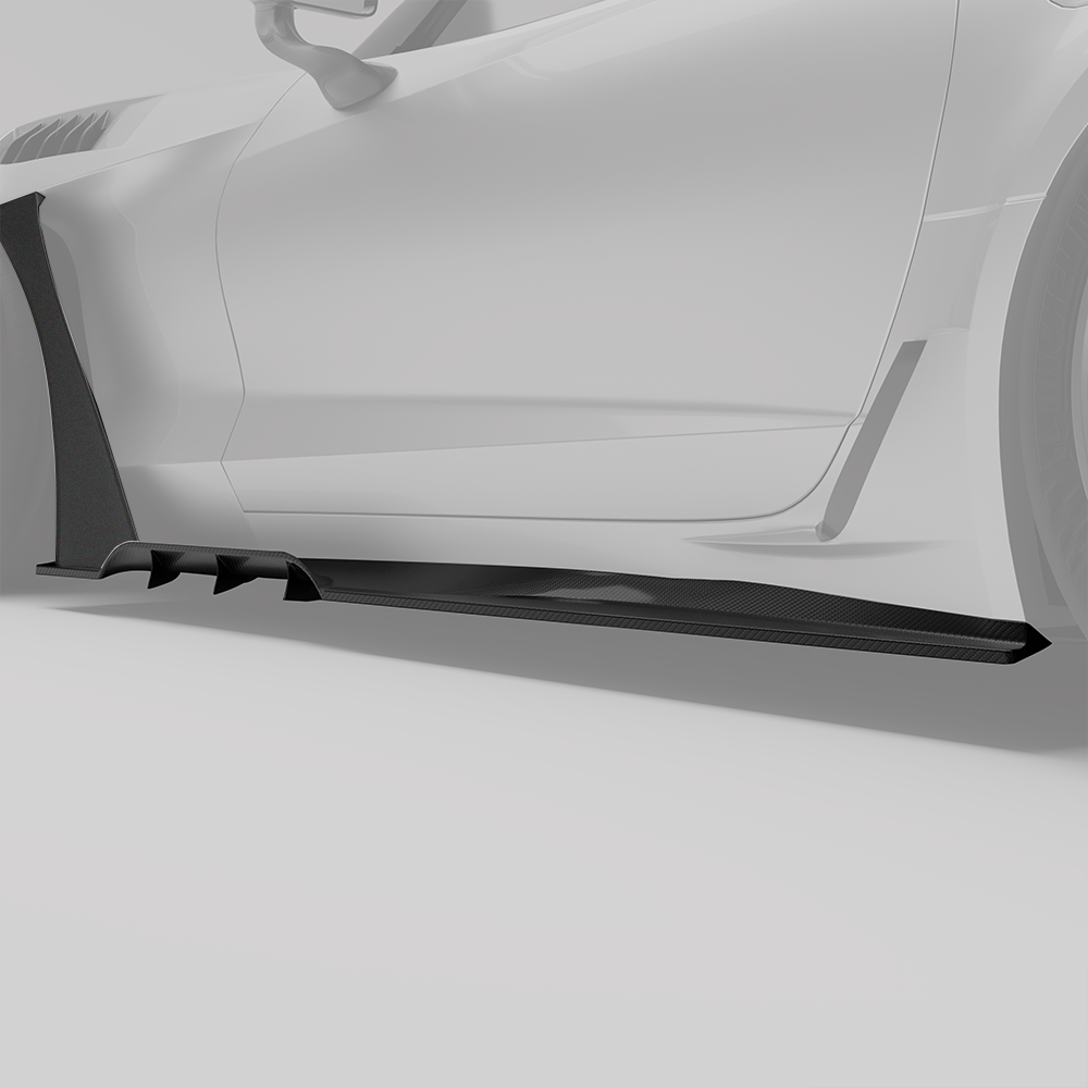 Corvette C7 carbon fiber side skirt, detail of vertical aero vanes