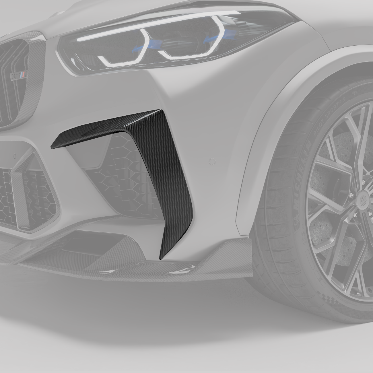X5M F95 carbon bumper canards rendering, angled detail