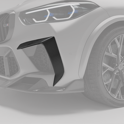X5M F95 carbon bumper canards rendering, angled detail