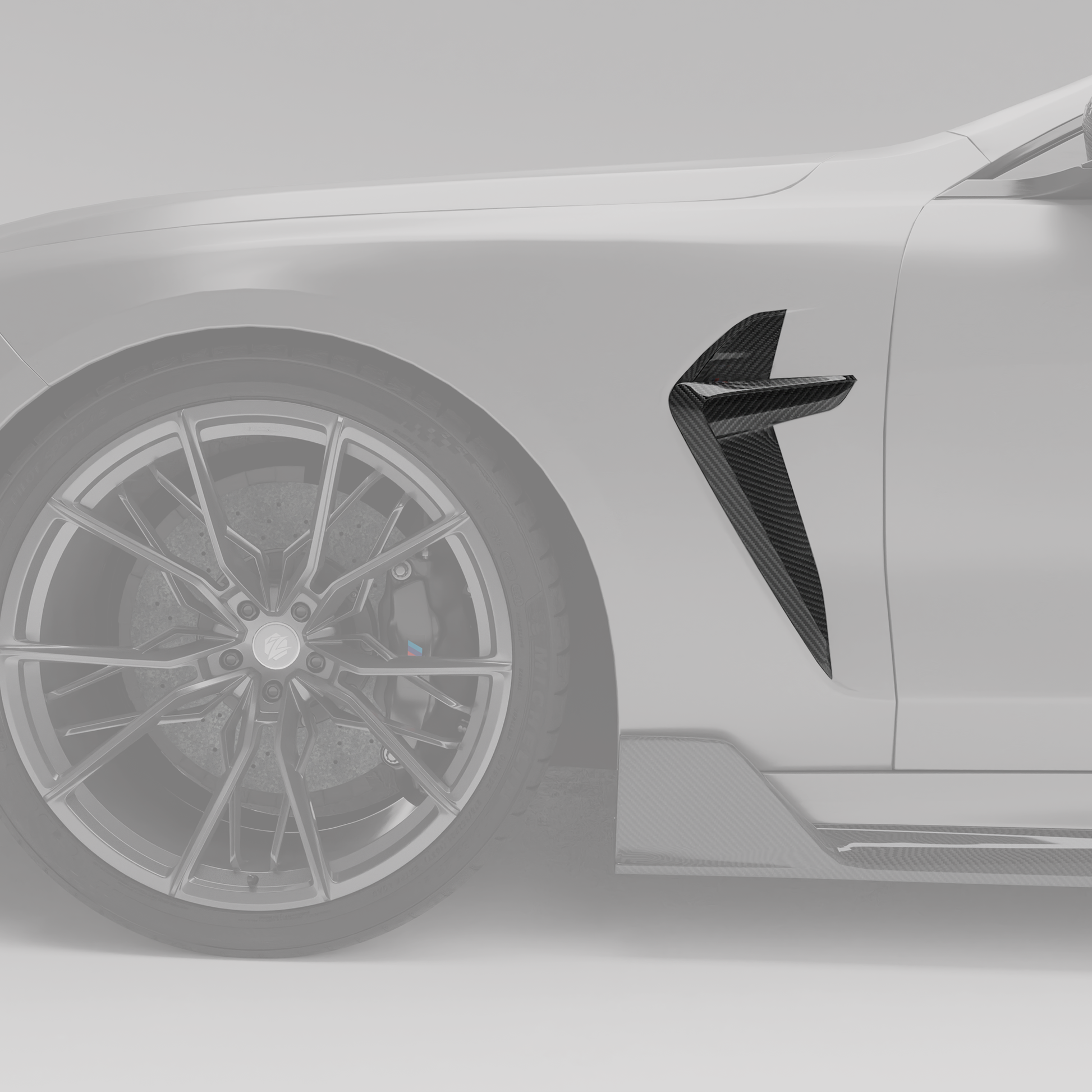 M8 F93 carbon fender vent rendering, angled detail