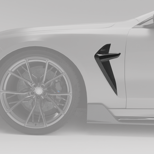 M8 F93 carbon fender vent rendering, angled detail
