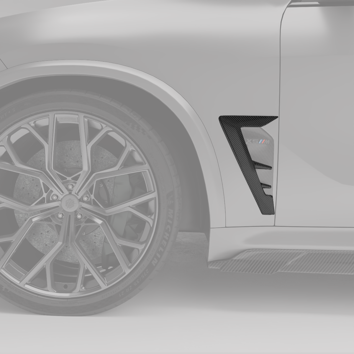 X5M F95 carbon fender vent rendering, angled detail
