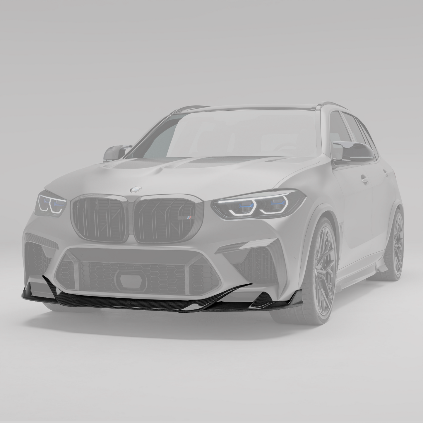 X5M F95 carbon front splitter rendering, head-on view