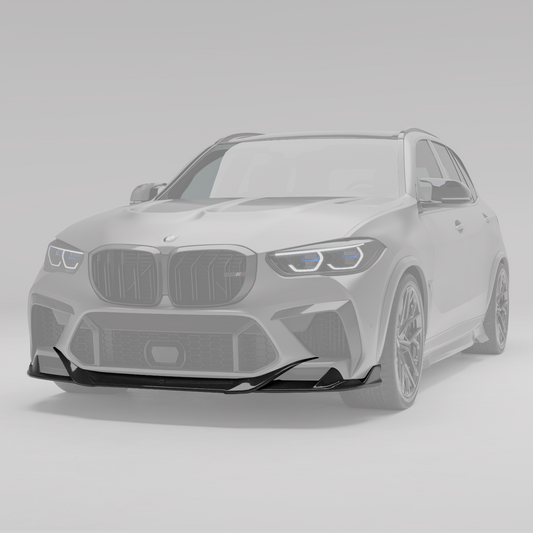 X5M F95 carbon front splitter rendering, head-on view