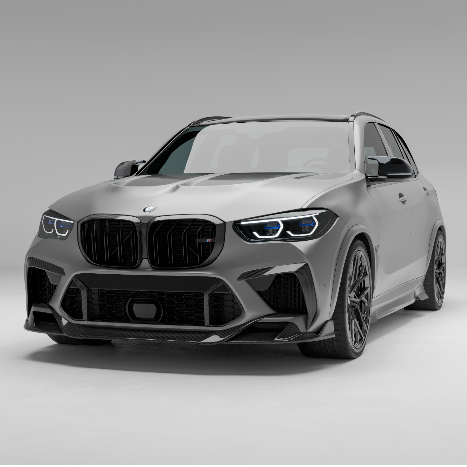 BMW X5M F95 Pre-LCI carbon fiber front lip, rendered angled view