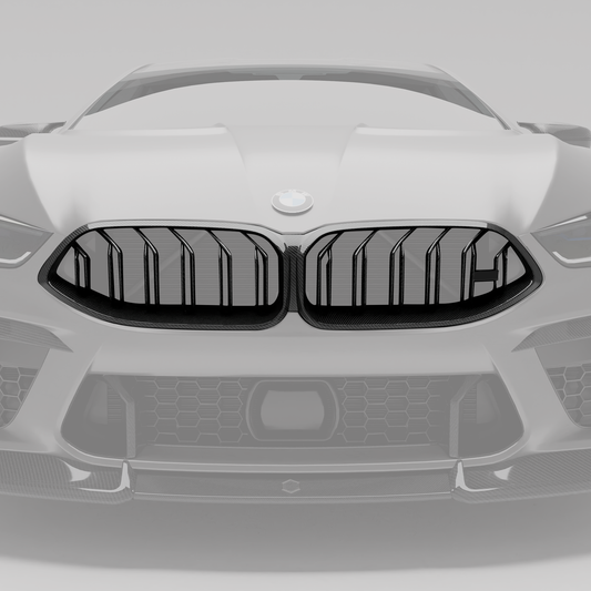BMW M8 F93 carbon fiber kidney grille angled weave detail
