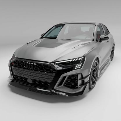 Audi RS3 8Y Sportback carbon fiber front lip, installed bumper view