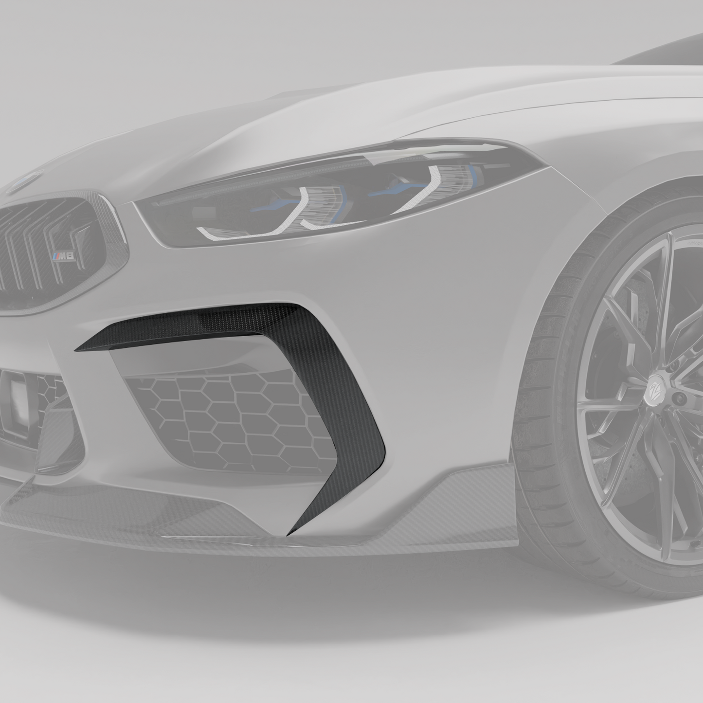 BMW M8 F93 carbon fiber front canards angled weave detail
