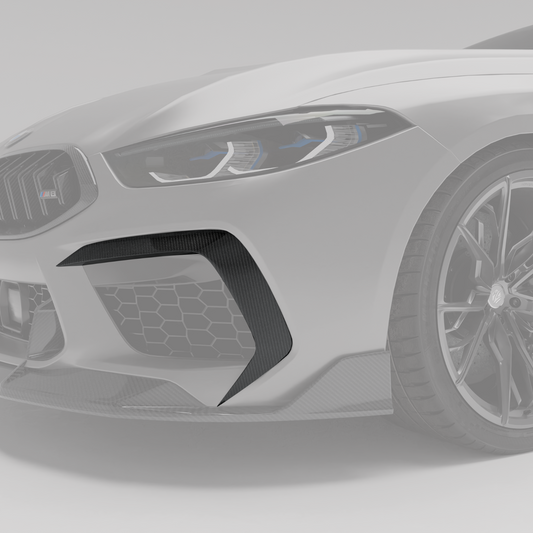 BMW M8 F93 carbon fiber front canards angled weave detail