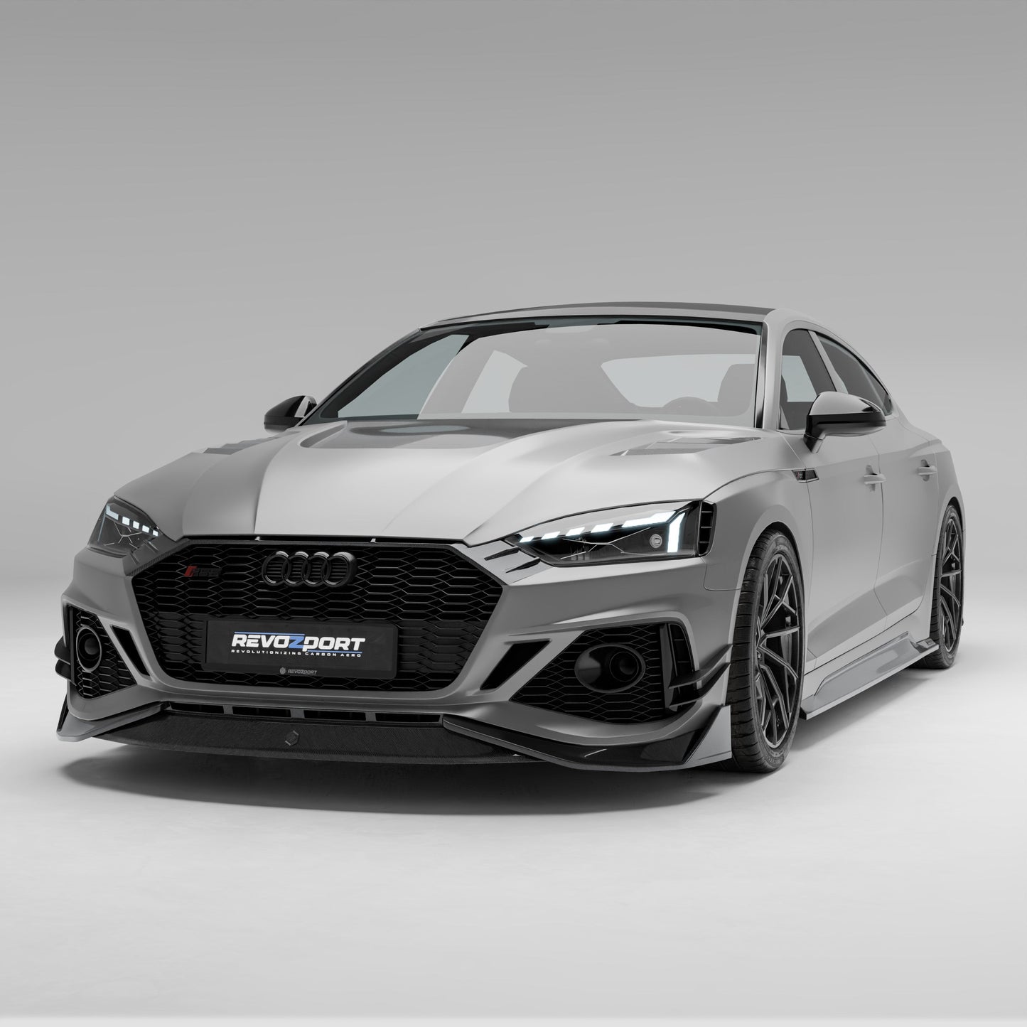 Audi RS5 B9.5 Sportback carbon fiber front lip, front three-quarter view