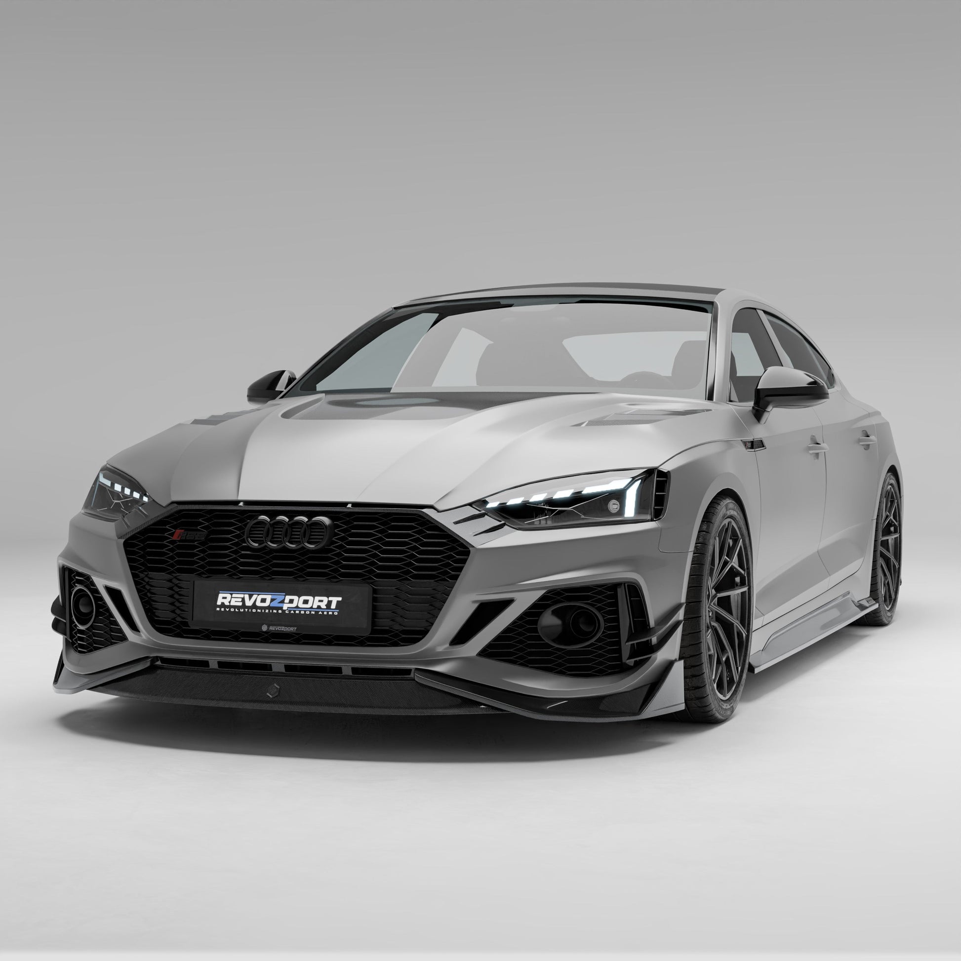 Audi RS5 B9.5 Sportback carbon fiber front lip, front three-quarter view