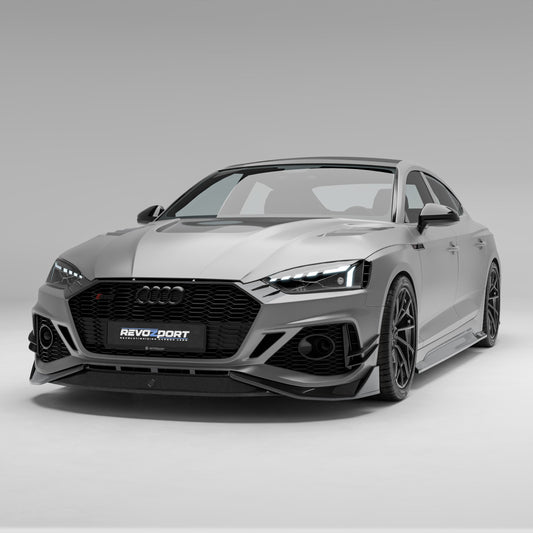 Audi RS5 B9.5 Sportback carbon fiber front lip, front three-quarter view