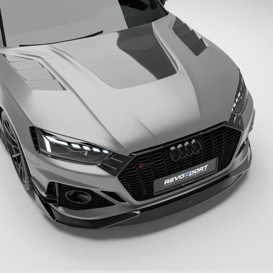 Audi RS5 B9.5 Sportback carbon fiber hood, front three-quarter view