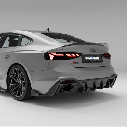 Audi RS5 B9.5 Sportback carbon fiber rear diffuser, rear three-quarter view
