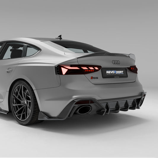 Audi RS5 B9.5 Sportback carbon fiber rear diffuser, rear three-quarter view