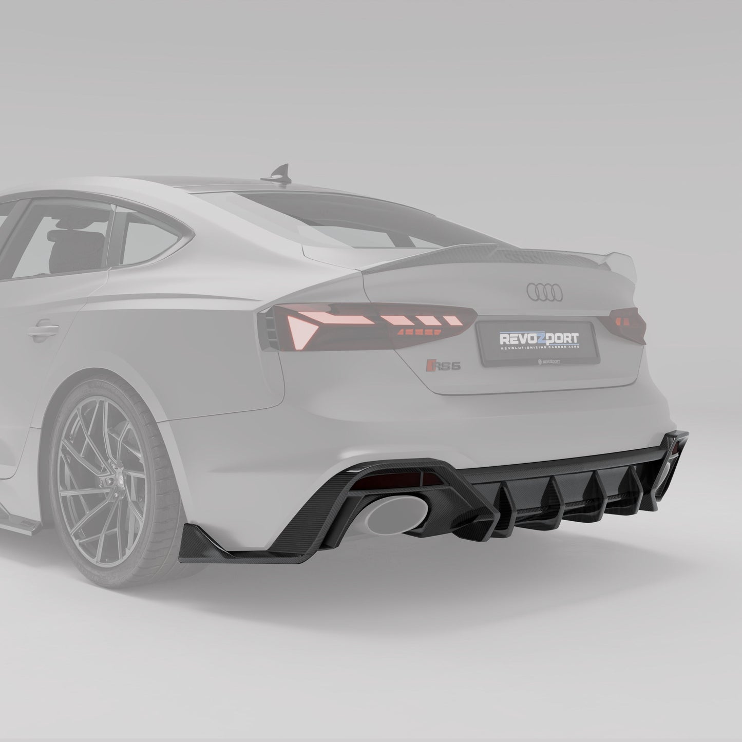 RS5 B9.5 carbon rear diffuser angled detail around the exhaust tips