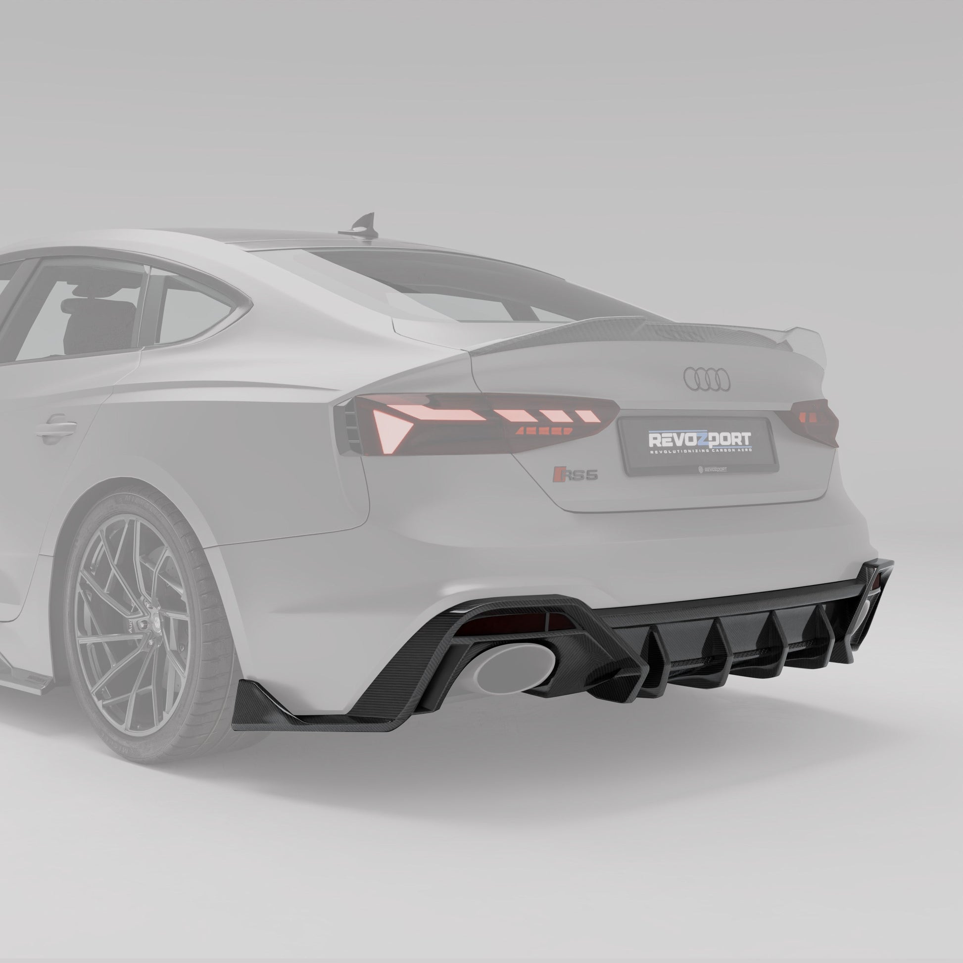 RS5 B9.5 carbon rear diffuser angled detail around the exhaust tips
