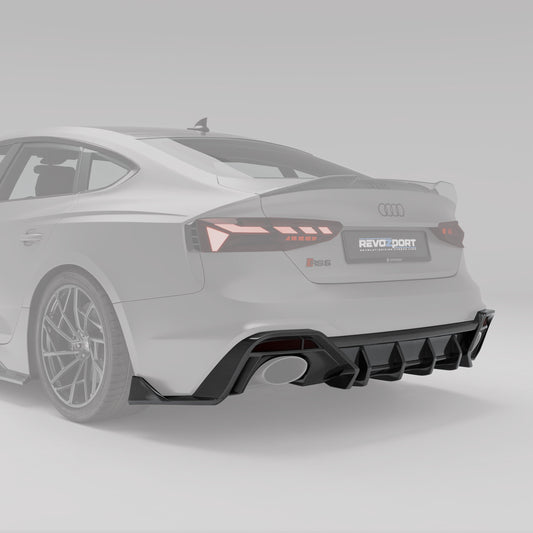 RS5 B9.5 carbon rear diffuser angled detail around the exhaust tips