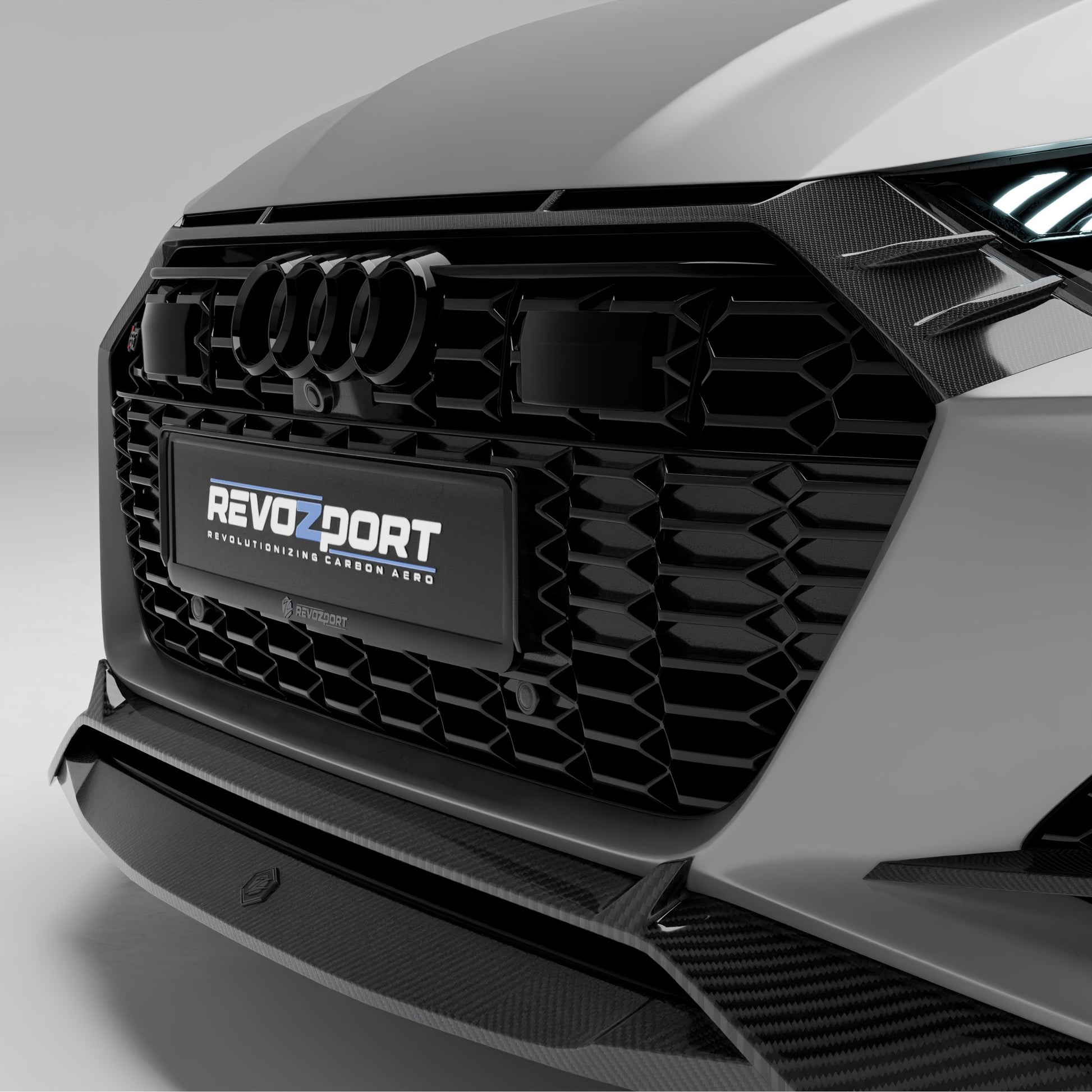Carbon fiber front grille for Audi RS6 C8, three-quarter view