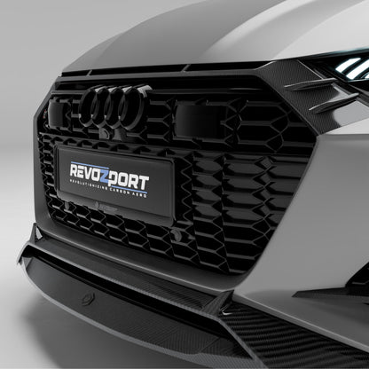 Carbon fiber front grille for Audi RS6 C8, three-quarter view