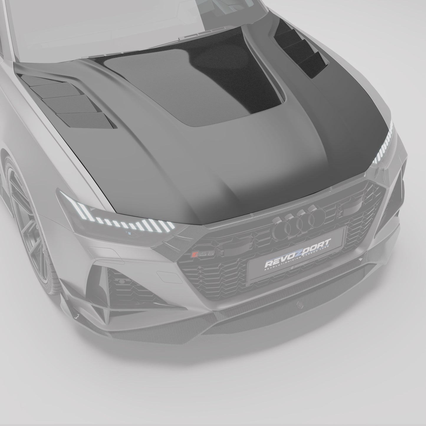 Carbon fiber hood fitted to Audi RS6 C8, front angle