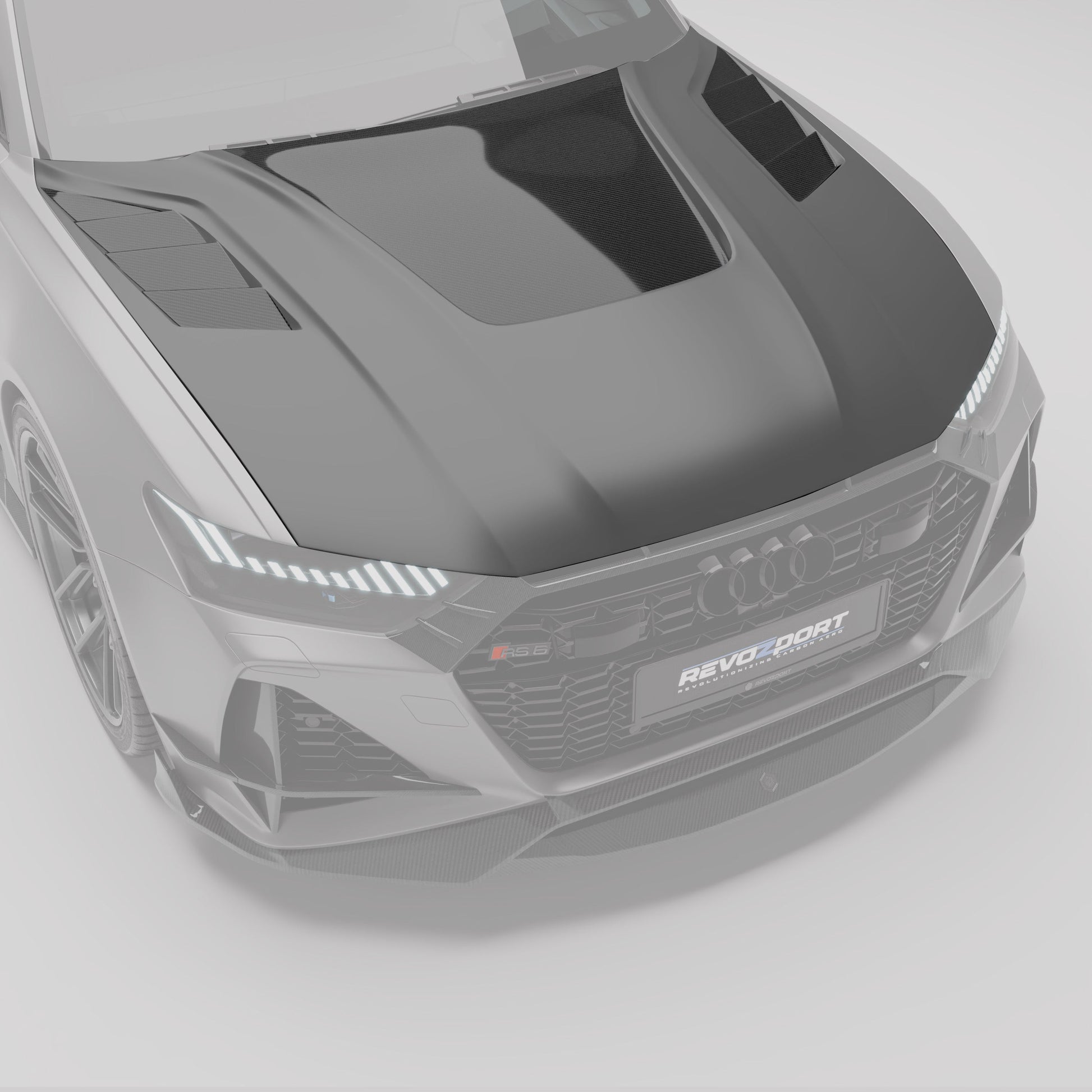 Carbon fiber hood fitted to Audi RS6 C8, front angle
