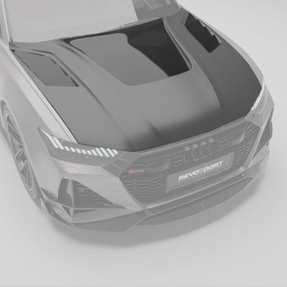 Carbon fiber hood fitted to Audi RS6 C8, front angle