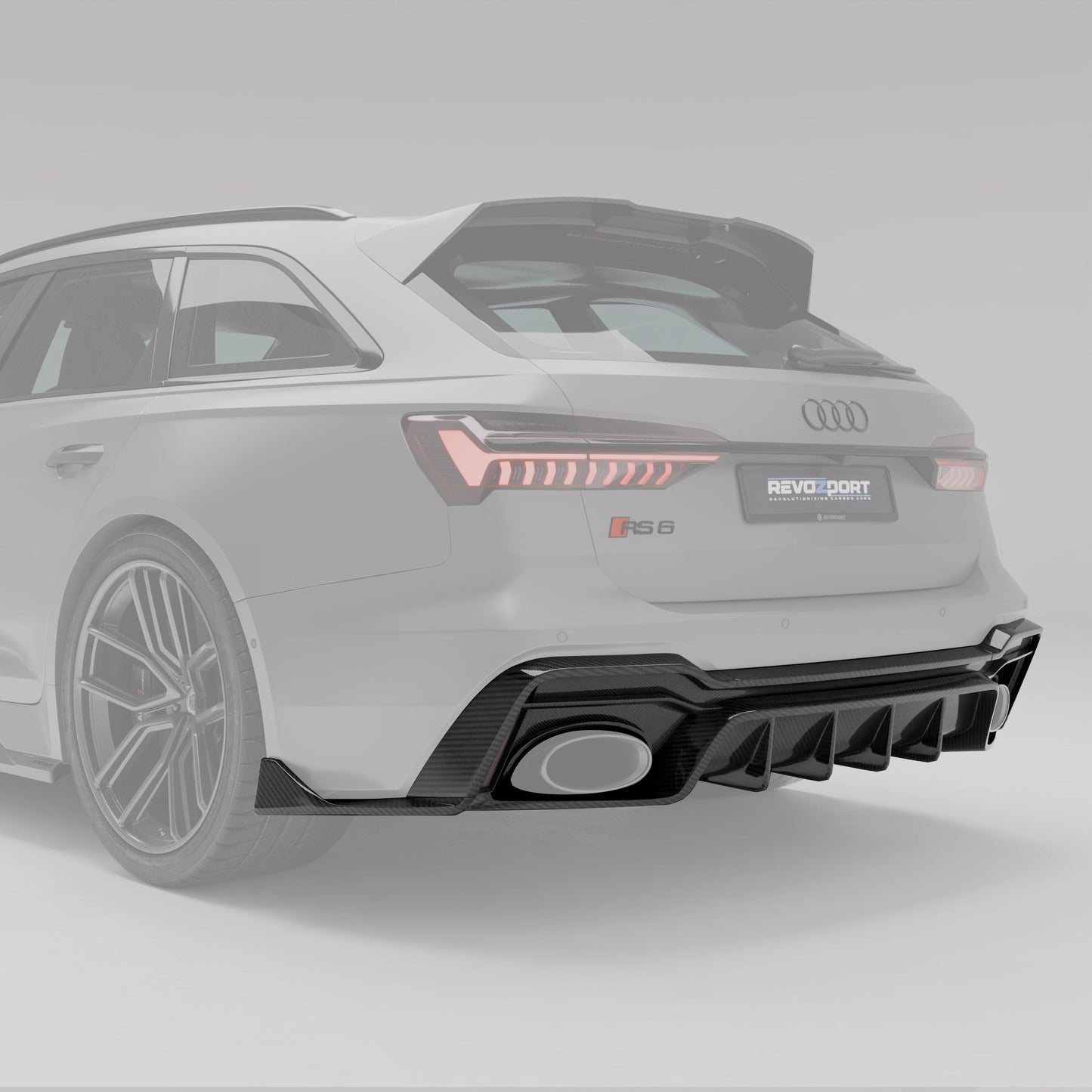 Carbon fiber rear diffuser fitted to Audi RS6 C8, rear angle