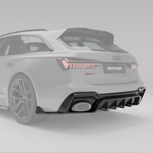 Carbon fiber rear diffuser fitted to Audi RS6 C8, rear angle