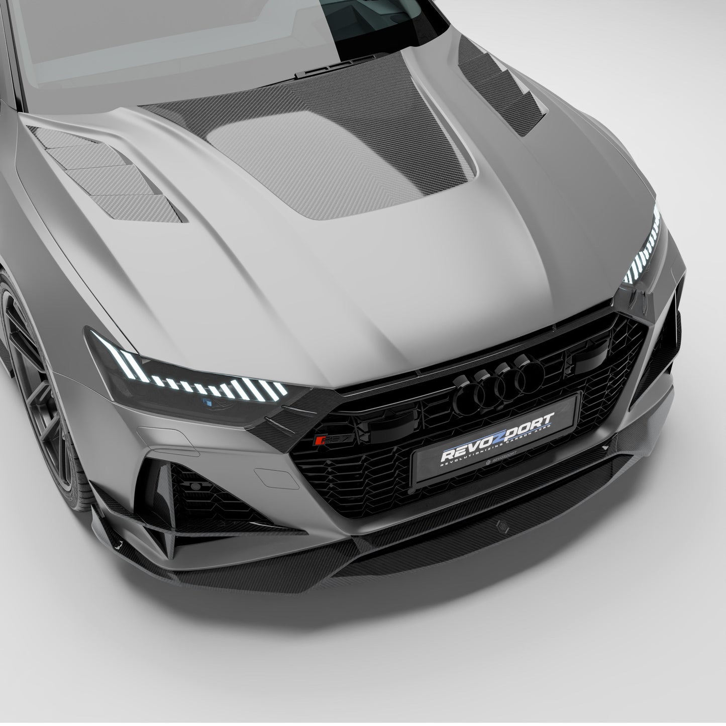Audi RS7 C8 Sportback carbon fiber hood front three quarter view