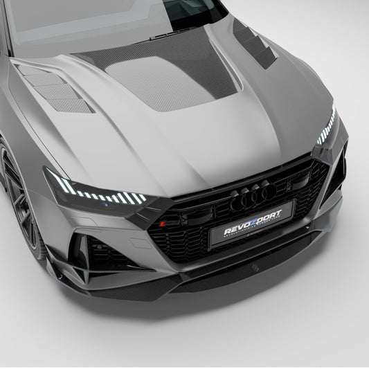 Audi RS7 C8 Sportback carbon fiber hood front three quarter view