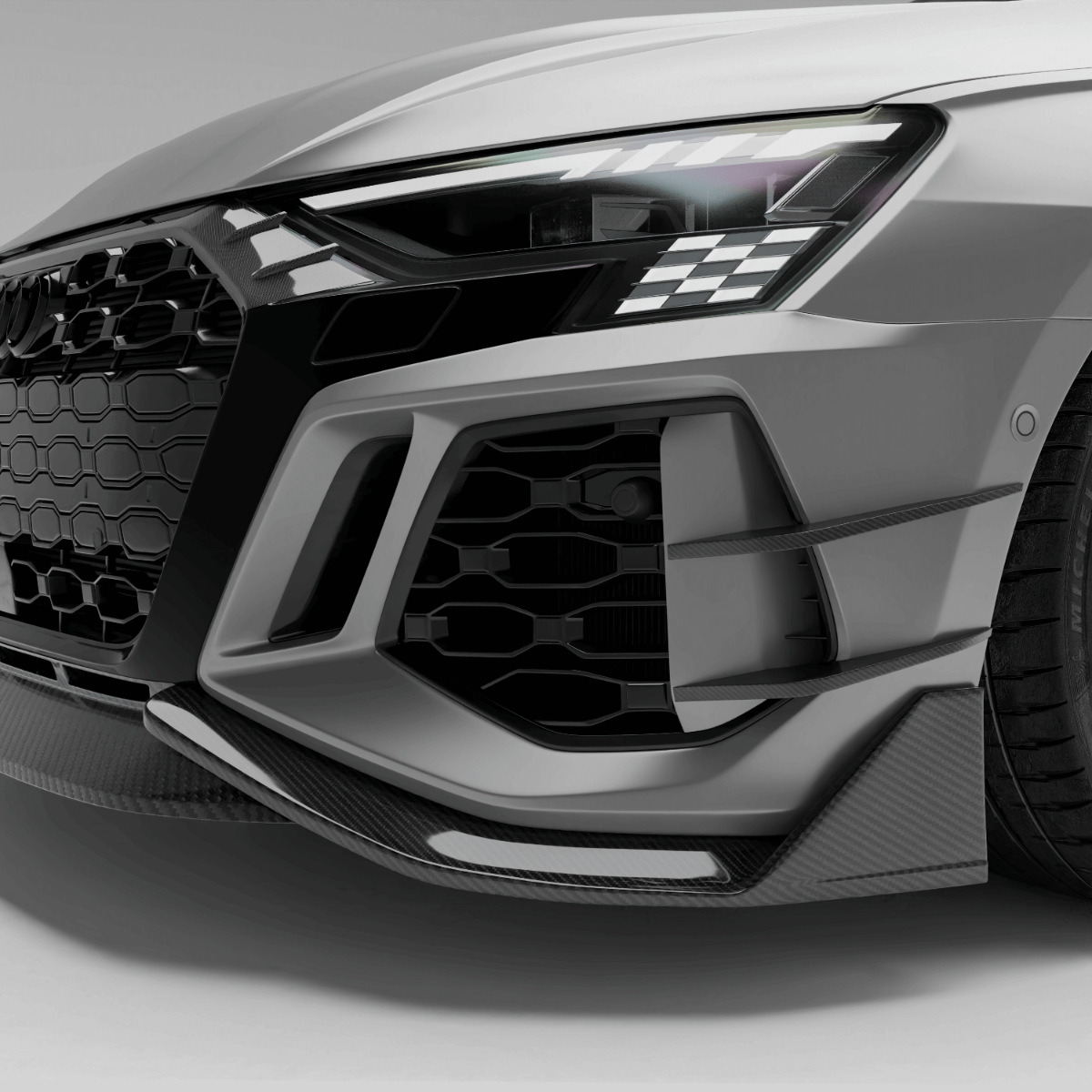 Audi RS3 8Y Sportback carbon fiber canards, front studio view