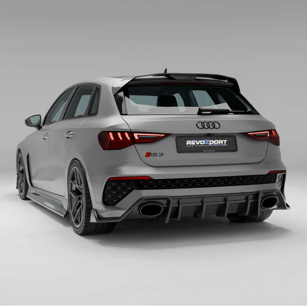 Audi RS3 8Y Sportback carbon body kit rear three quarter view