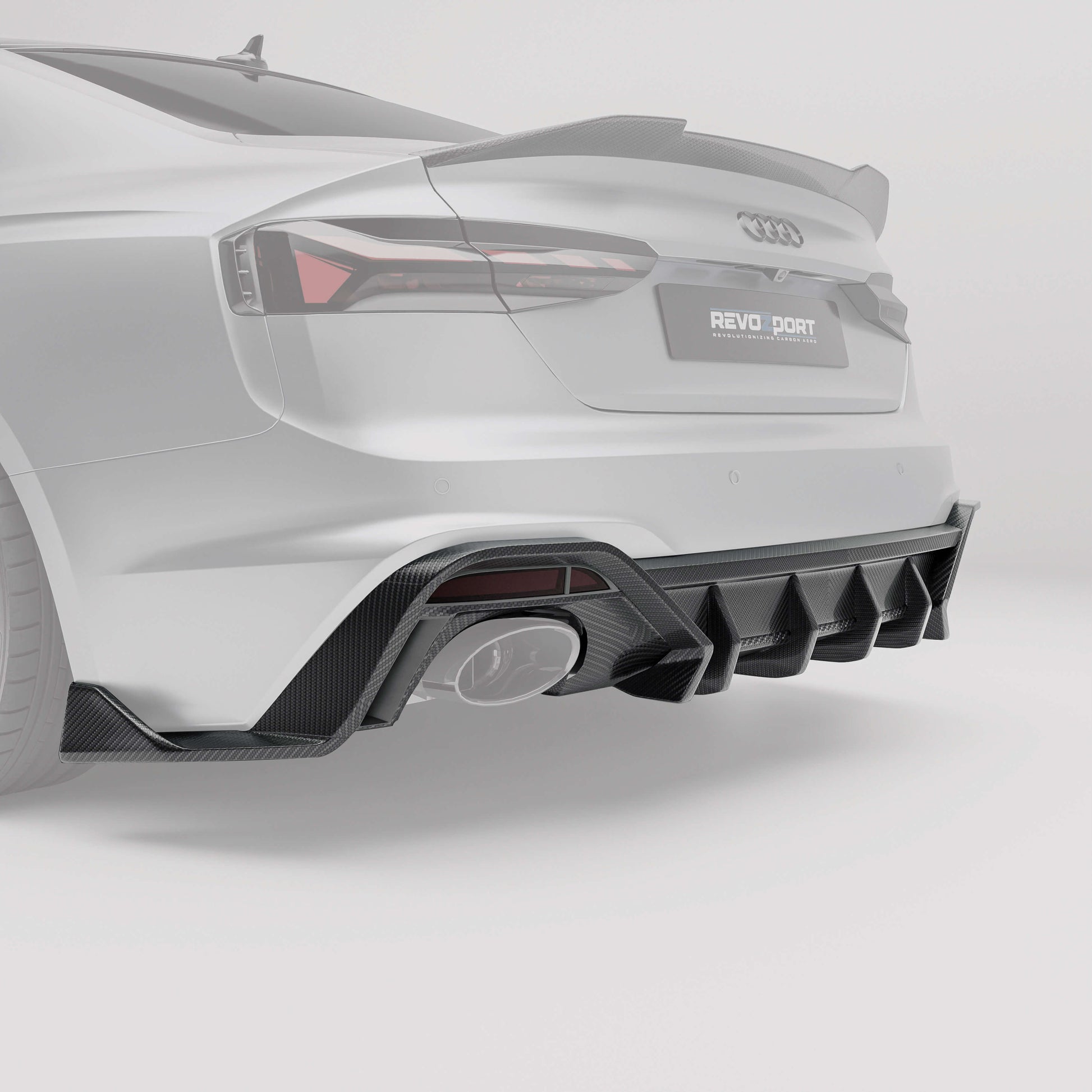 Audi RS5 B9.5 carbon fiber rear diffuser, close-up of fin detail