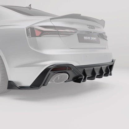 Audi RS5 B9.5 carbon fiber rear diffuser, close-up of fin detail