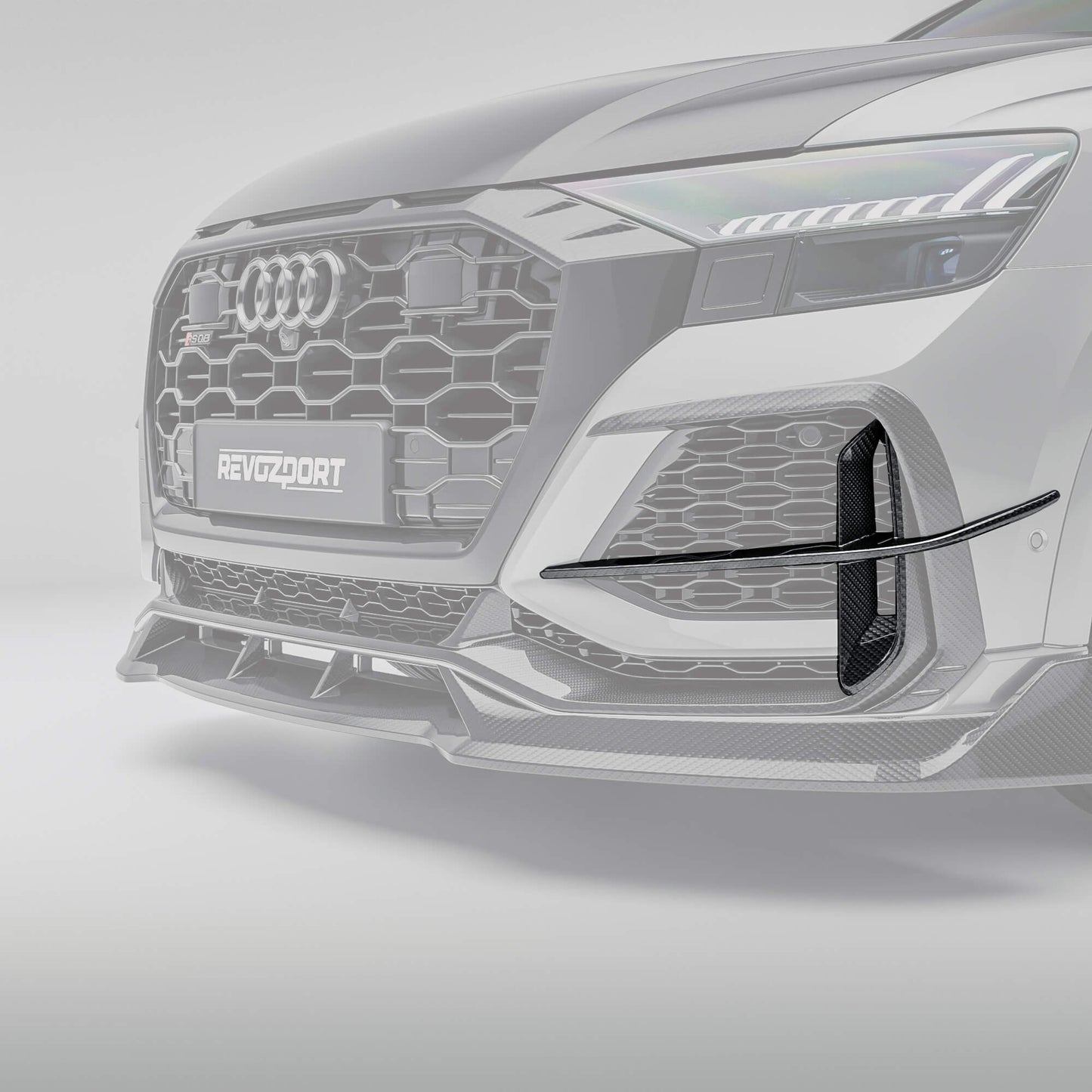 Carbon fiber canards installed on Audi RSQ8 4M Pre-LCI front bumper, angled view